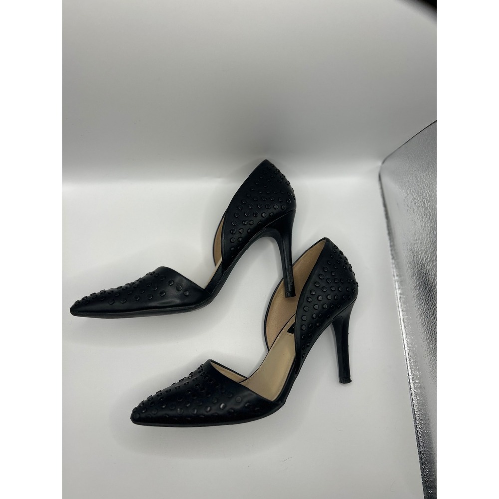 French Connection Black Studded Leather d'Orsay Pointed Toe Stiletto Heels 4in‎